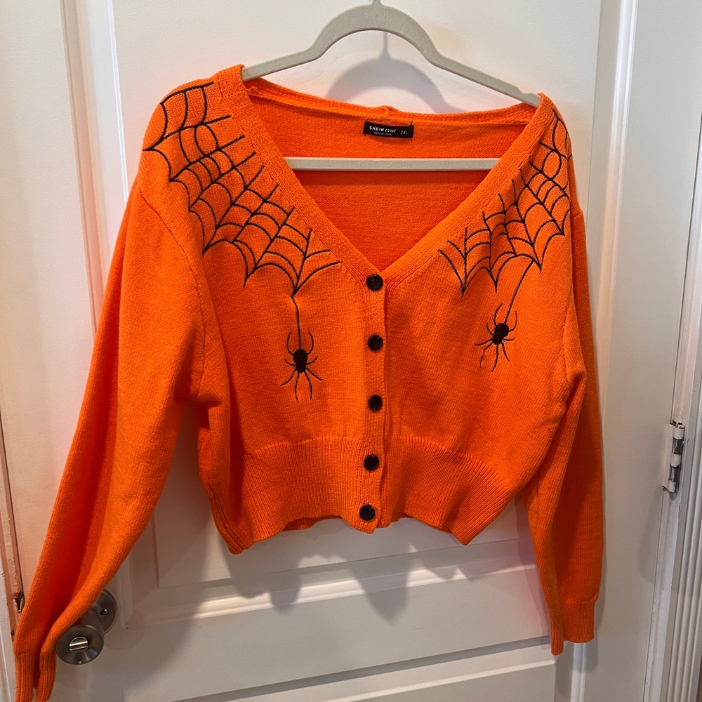 SHEIN Orange Cardigan with Spider Web Design #halloween